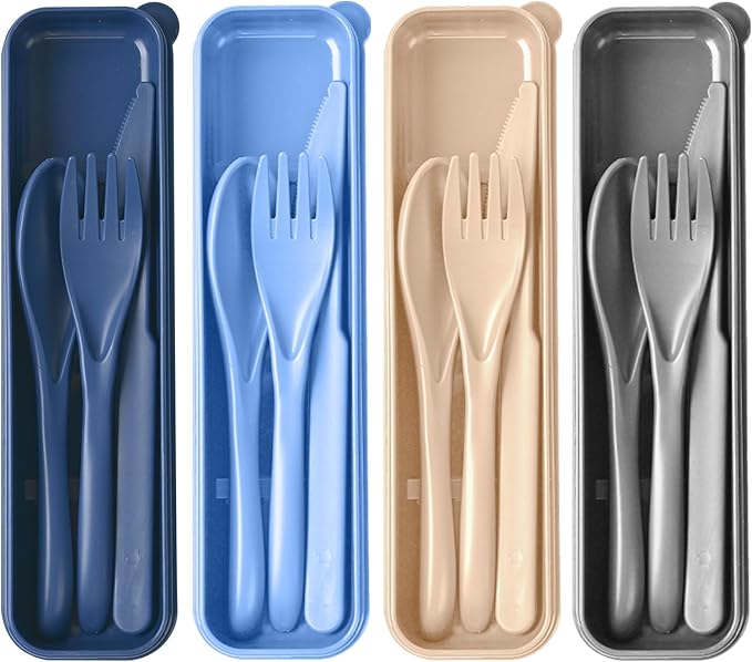 Travel Utensils Set with Case, 4 Sets Camping Utensils Wheat Straw Reusable Utensils Set With Case, Knife Fork and Spoon Utensils for Lunch Box