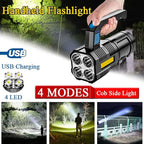 LED Flashlight USB Rechargeable, High Lumens Tactical Light with Sidelight, 4X LED, Zoomable, Handheld Super Brightest Flashlights, Portable Torch for Outdoor Camping Home Emergency Lantern