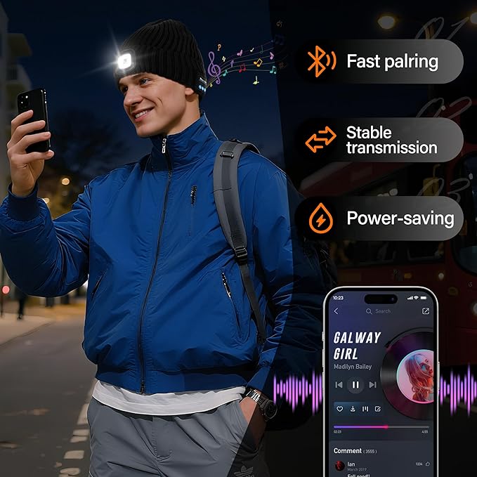 Bluetooth Beanie Hat with Light for Men, LED Beanie with Light Rechargeable, Headlamp Cap Wireless Headphones Built-in Speaker Mic Christmas Gifts for Teens Stocking Stuffers for Men Dad(Black)