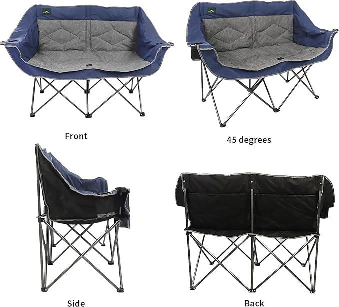 Northroad Folding Loveseat Camping Chair Portable Double Duo Full Padded Garden Chair for 2 Person Sofa w/ 2 Cup Holder,Wine Glass Holder,Mesh Storage,Support 500lbs for Picnic Beach Travel(Blue)