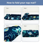 PHF Toddler Nap Mat with Removable Pillow and Minky Fleece Blanket, Rollup Design Warm Slumber Bags for Boys, 52"x20"x2" Kids Sleeping Bag for Daycare Preschool Travel Camping, Dinosaur