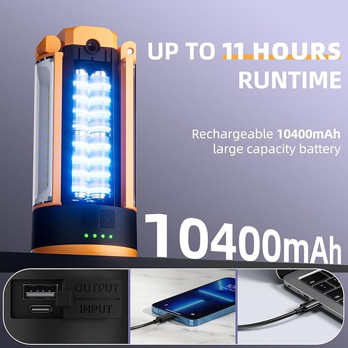 T-SUN 2 Pack Rechargeable Camping Light with Stand, 10400mAh LED Work Light 4100 Lumens with 4 LED Lamp Heads, Work Light with Detachable Tripod 67" Max Height (Orange)
