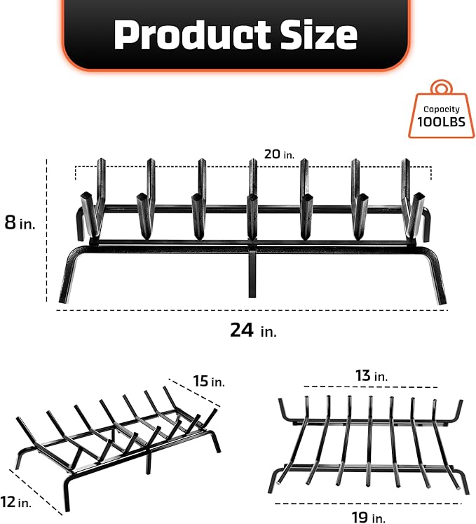 Idzo Cast Iron Fireplace Grate 24 inch, 3/4" Bar Fireplace Log Grate with Additional Leg for Sturdy Stand & Better Air Flow, Quick Assembly Fireplace Wood Grate for Indoor & Outdoor