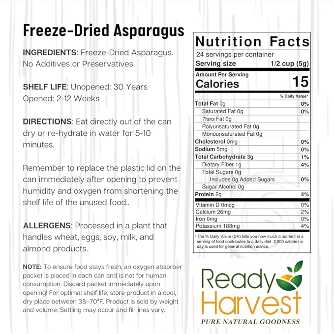 Ready Harvest Freeze Dried Food - Asparagus | Emergency Food Supplies | Vegetables | #10 Can | 25-Year Shelf Life | Cans Filled to the Top