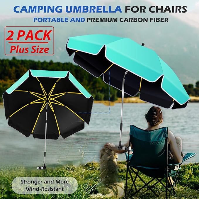 2Pack 48.8 inch Large Beach Umbrella with Clamp Sun Shade for Beach Chair, 360°Adjustable UV Protection Golf Umbrella with Clip for Outdoor Stroller Wheelchair Camping Chair