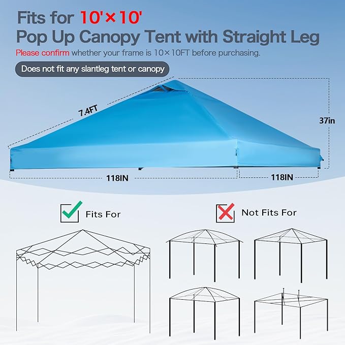 10x10 Canopy Replacement Top with Air Vent, Pop Up Canopy Replacement for Straight Leg Canopy Tent, Canopy Replacement Cover UV Resistant Waterproof for Garden Patio Camping (Top Only)(SkyBlue)