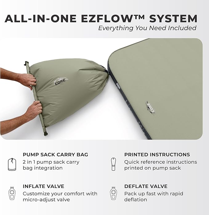 CORE Double Self Inflating Camping Bed | Perfect Blow Up Mattress for Travel Car Camping & Outdoor Use | Air & Foam Filled Inflatable Sleeping Pad for Adults