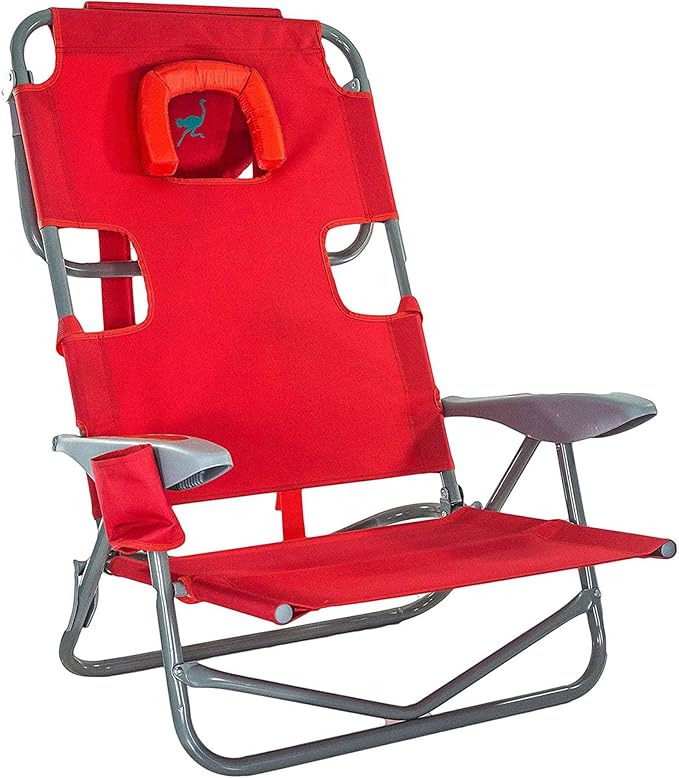 Ostrich Portable On-Your-Back Outdoor Camping Recliner w/5 Positions & Deluxe 3-in-1 Padded Sports Chair w/5 Positions and Footrest, Red