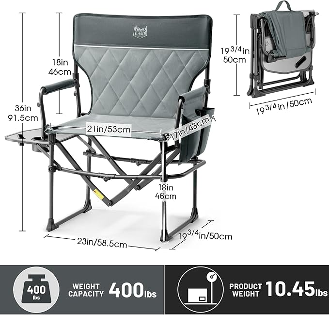 TIMBER RIDGE 2 Pack Aluminum Camping Directors Chair with Side Table Pocket, Portable Folding Heavy Duty Lawn Chair for Fishing Trip Picnic Concert Outdoor 400lbs, Grey