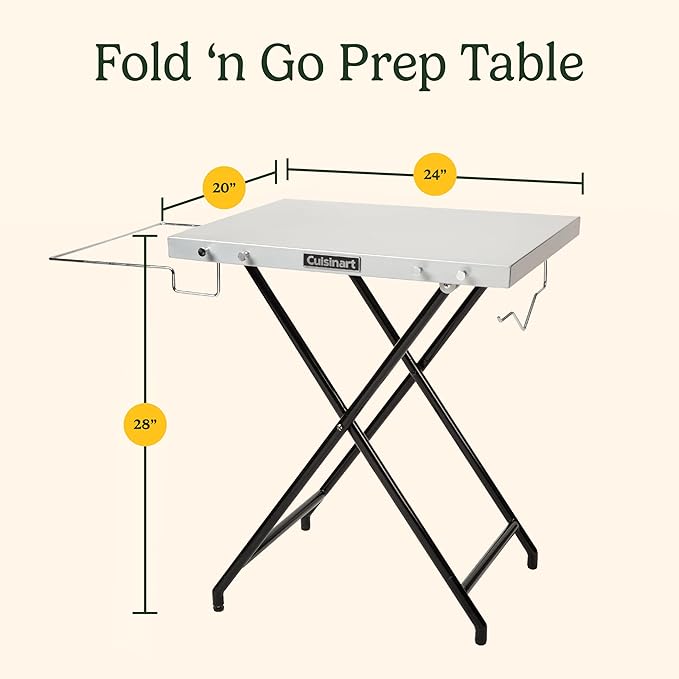 Cuisinart Fold ‘n Go Prep Table, Portable Folding Table and Grill Stand with Tool hooks, Trash Bag Holder, Paper Towel Rack, 24” x 20” Steel Food Prep Station Perfect for BBQs, Tailgates and Camping