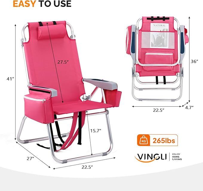 VINGLI Tall Beach Chair 1 Pack Lightweight, Backpack Beach Chair for Adults with 5-Position, Cooler Bag, Cup Holders, Towel Bar, Lightweight Folding Beach Camping Chairs Pink
