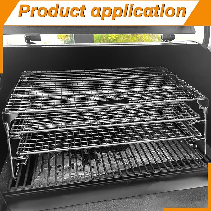 Jerky Racks for Barrel Style Pellet Grills, 21"W×17.2"L, 3 Tiered Foldable Sliding 830 in² Cooking Space Expansion Grate Accessory for Pit Boss, Traeger, Z Grill, Green Mountain and More Smoker Grills