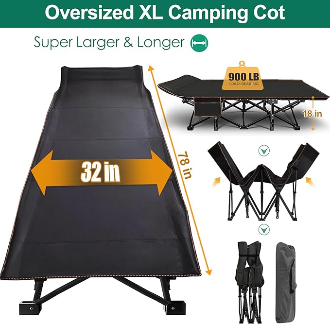 LILYPELLE Folding Camping Cot, Extra Wide Heavy Duty Sleeping Cots with Carry Bag, Double Layer Oxford Portable Travel Camp Cots for Home, Office Nap and Outdoor Beach