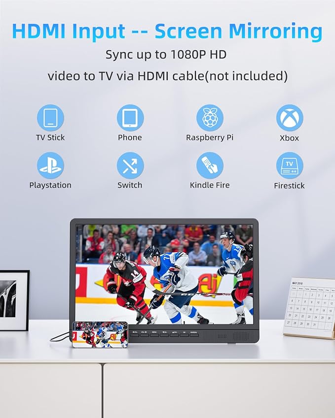 NORTHING 18.5" Portable TV 1080P Full HD, 6500mAh Rechargeable Small TV with Antenna, Stand, HDMI/USB/AV Input, Flat Screen TV for Camping Kitchen RV Car Bedroom