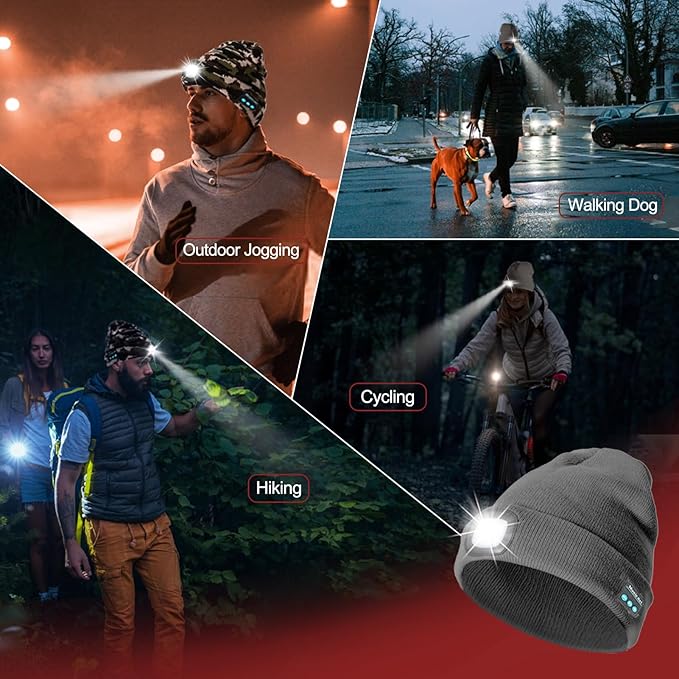 Gifts for Men, Rechargeable Bluetooth Music Unisex Beanie Hat with Light, Valentines Day Gifts for Him, Birthday Gifts for Men, Women, Grey