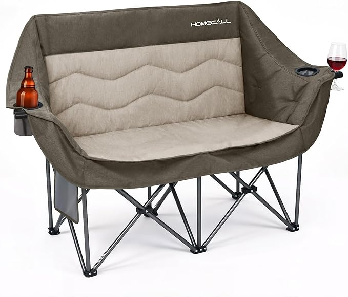 Double Camping Chair for Adults - Heavy Duty Folding Loveseat Support 700 lbs, 2 Person Padded Camping Couch Portable with Cup Holders & Storage Bag for Camping, Lawn, Sports, Green