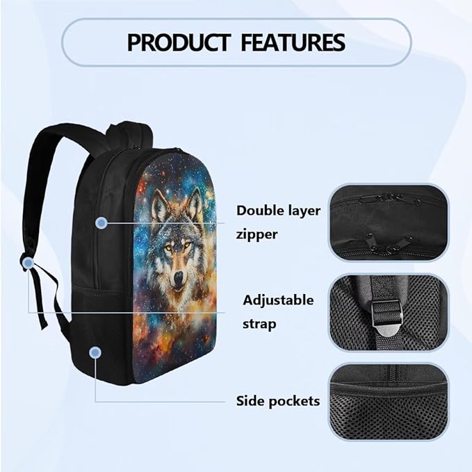 Cool Wolf Backpack for School Boys Back to School, 3rd Grade Backpack for Boys Back Pack 4 Piece Set Lunch Box Art Water Bottle Holder Pencil Case for Class Activity