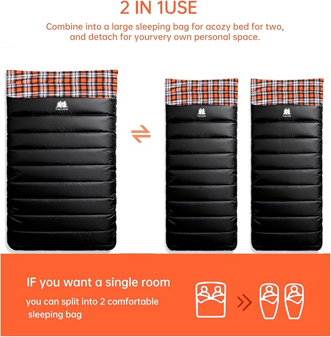 Double Sleeping Bag Cotton Flannel for Camping, Backpacking Or Hiking. Queen Size 2 Person Waterproof Sleeping Bag for Adults Or Teens. Lightweight with Compression Sack