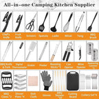 Camping Essentials Cookware Cooking Utensils Set - Portable Camp Kitchen Mess Kit Outdoor Accessories, Stainless Steel & Silicone, Camping Gear Equipment for RV Picnic Grill, Black Pro