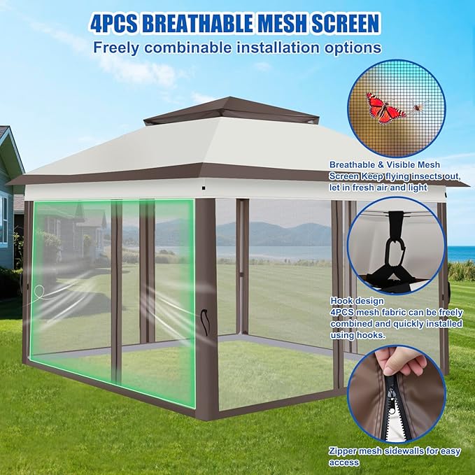 Yesker 10x10 Pop Up Canopy Tent w Mesh Netting Sidewall Vented Top - Heavy Duty Outdoor Canopy, Easy Setup Shelter Gazebo Waterproof 10x10 Popup Tnets for Patio Backyard Parties & Events, Khaki Brown