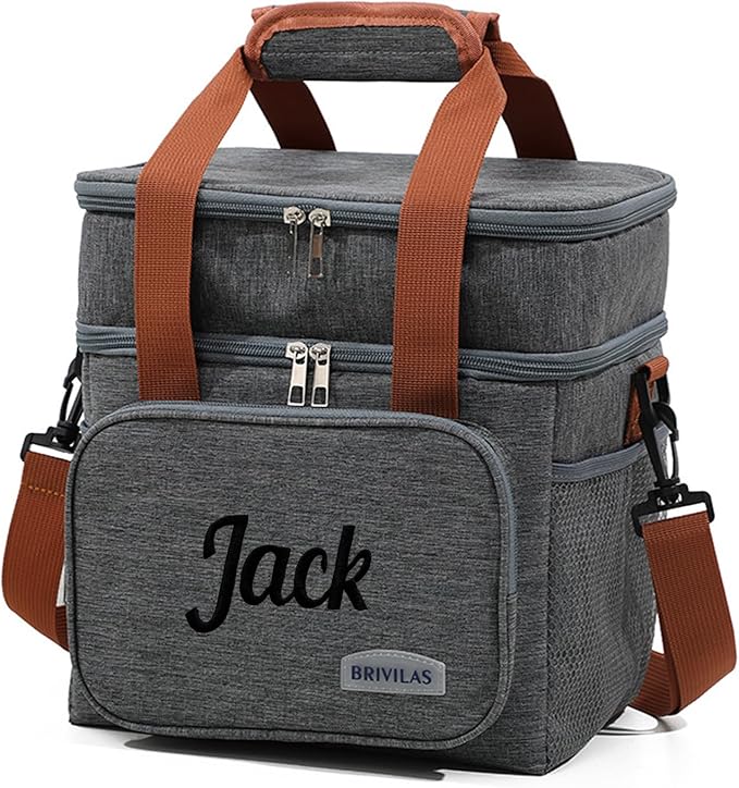 ‌Personalized Insulated Lunch Box for Men & Women - Reusable Leakproof Cooler Bag with Custom Embroidery Name, Expandable Compartment, Adjustable Strap for Work, Picnic, Camping (Gray)