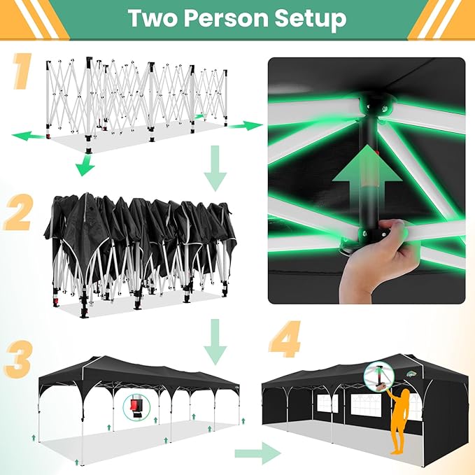 COBIZI 10x30 Pop Up Canopy Tent, Outdoor Party Tent with 5 Sidewalls, 1 Person Easy Set up, Tents for Parties with Fluorescent Strip & 4 Sandbags, Waterproof UPF50+, 3 Adjustable Height, Black