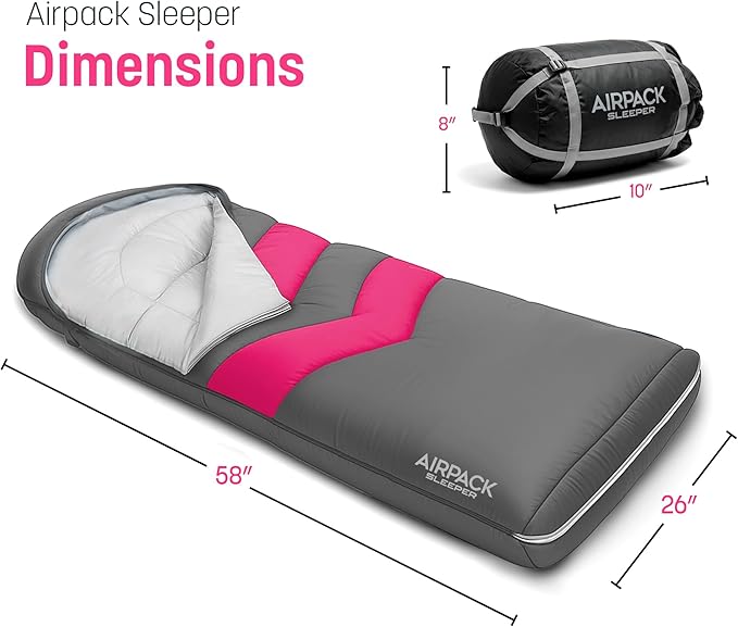 Kids Sleeping Bag with Built-in Pad (Fits Up to 4'6") All-in-One Inflatable Mattress Pad with Built-in Foot Pump - for Sleepovers, Camping and Travel (Gray/Pink)