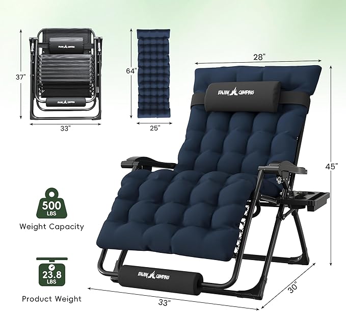 Amopatio Oversized Zero Gravity Chair, 33''W Reclining Camping Lounge Chair Upgraded Lock and Footrest, Folding Patio Recliner with Cup Holder, Removable Cushion & Headrest