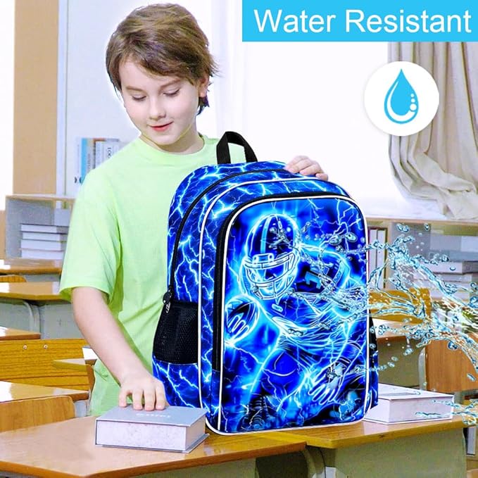 17" Football Backpack for Boy, 3Pcs Lightning Bookbag for Elementary Preschool Kindergarten, Kids School Backpacks with Lunch Box (Blue)