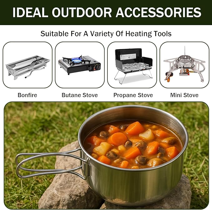 14Pcs Stainless Steel Camping Cookware Set, Lightweight Compact Camping Pots Pans Set with Cups Plates Forks Knives Spoons for Backpacking Camping-Cooking Hiking and Picnic