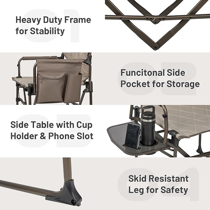 Timber Ridge Aluminum Camping Directors Chair with Side Table Pocket, Portable Folding Heavy Duty Lawn Chair for Fishing Trip Picnic Concert Outdoor 400lbs, Tan