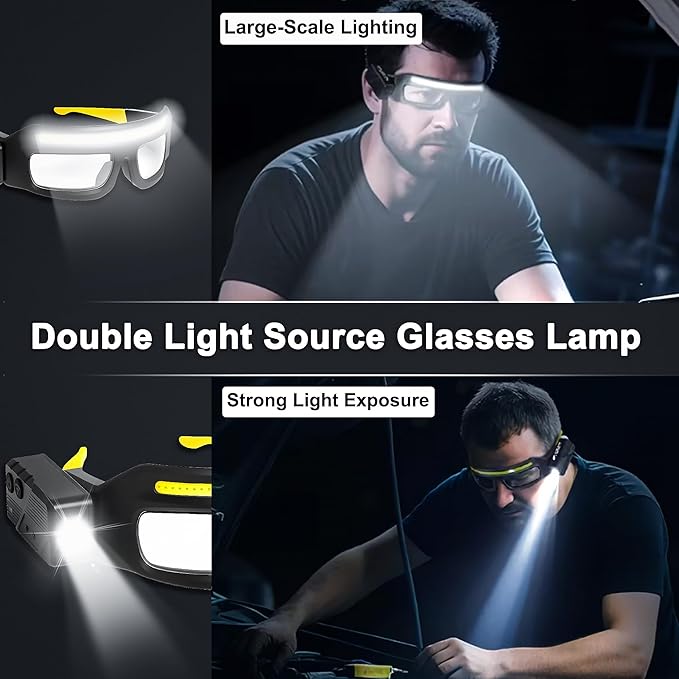 LED Headlight Glasses Rechargeable Headlight Glasses with Motion Sensor & Touch Control, Adjustable Safety Eyewear