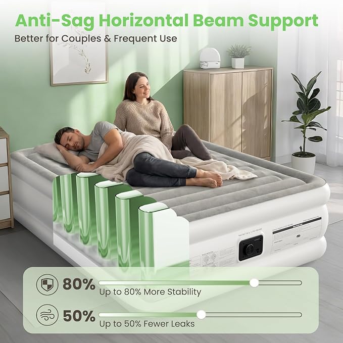 Air Mattress Queen with Built in Pump, 18" Raised Comfort, Anti-Sag Horizontal Beam, 800lbs Heavy-Duty Support Blow Up Mattress, Multi-Layer Leak Proof Air Bed for Home Guests Camping
