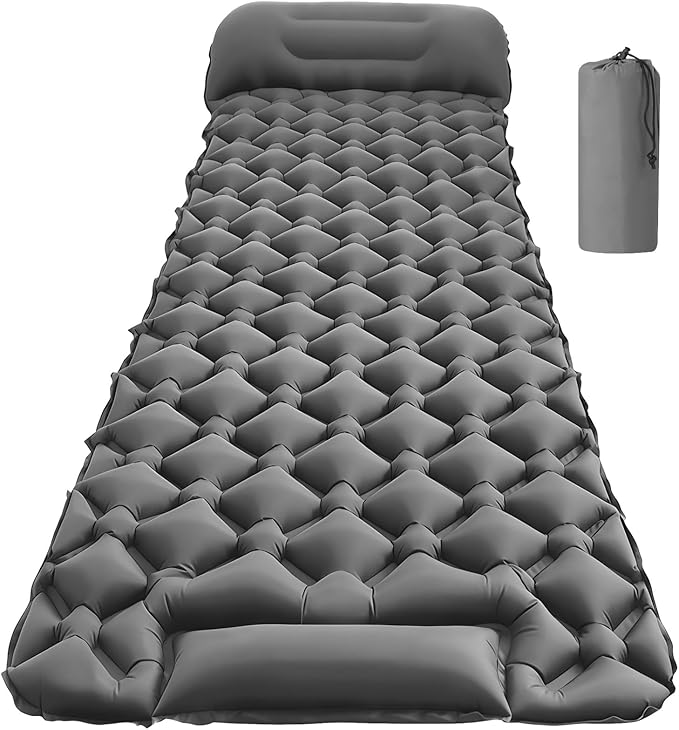 Inflatable Sleeping Pad with Pillow, 40D Nylon TPU Ultralight Sleeping Mat with Foot Press for Camping, Backpacking, Hiking, Inflated 74.8 x 22.8 x 2 in
