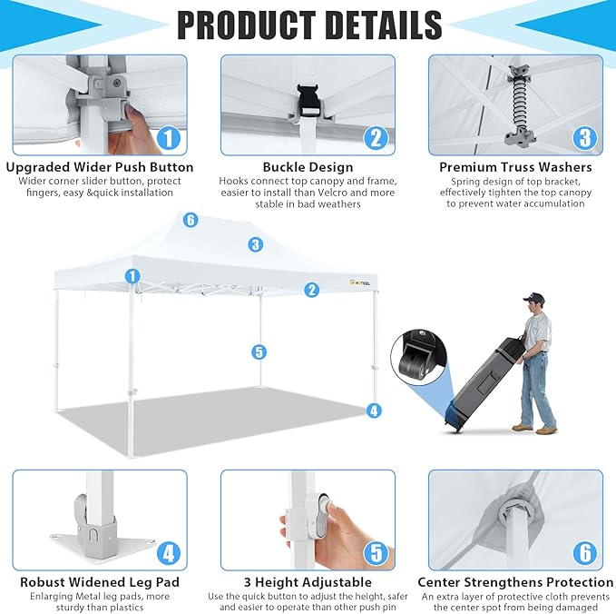 HOTEEL 10x15 Heavy Duty Pop Up Canopy Tent for Parties Event Wedding Commercial Instant Canopy Portable Shelter Folding with Roller Bag, Waterproof UV Resistant, Upgraded Thick Hexagonal Legs, White