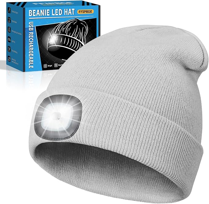 Valentines Day Gifts for Him, Beanie Hats with Light, USB Rechargeable LED Hand Free Headlamp, Birthday Gifts for Men, Women, and Teens, Ideal for Camping, Hiking, Grey