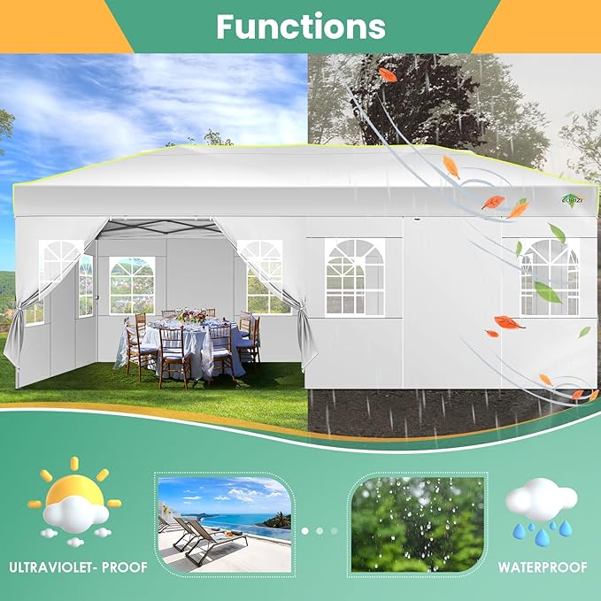 COBIZI 10x20 Pop Up Canopy Tent, Outdoor Party Tent with 6 Sidewall One Push Setup Glow, 3 Adjustable Height Air Vent Waterproof UPF50+, Bag, 4 Sandbag, 6 Stake, 12 Rope for Beach, Commercial