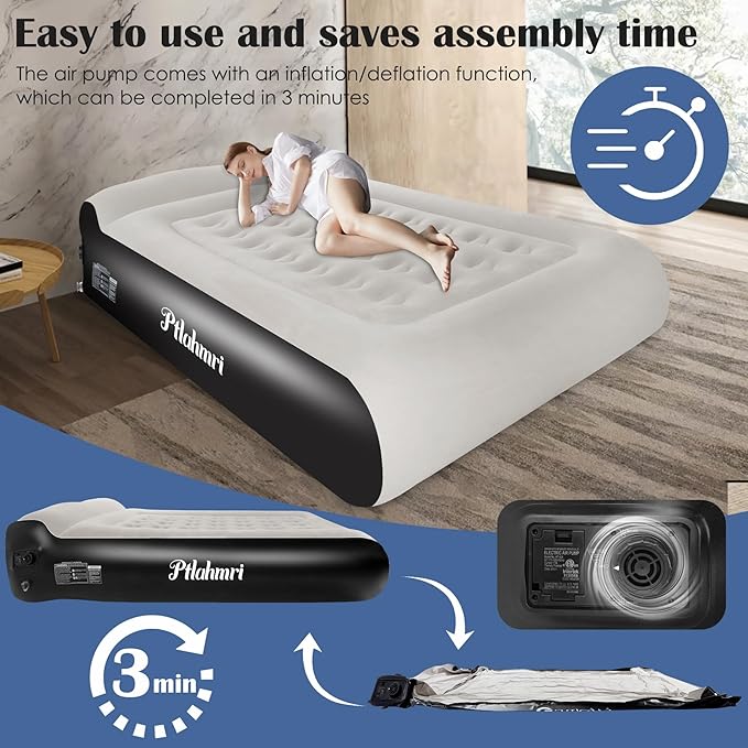 Queen Air Mattress Full with Built-in Pump,16'' Blow up Mattress with Soft Flocked Top Luxury Inflatable Mattress 3 Minute Fast Inflation/Automatic deflation for Camping＆Home and Guest