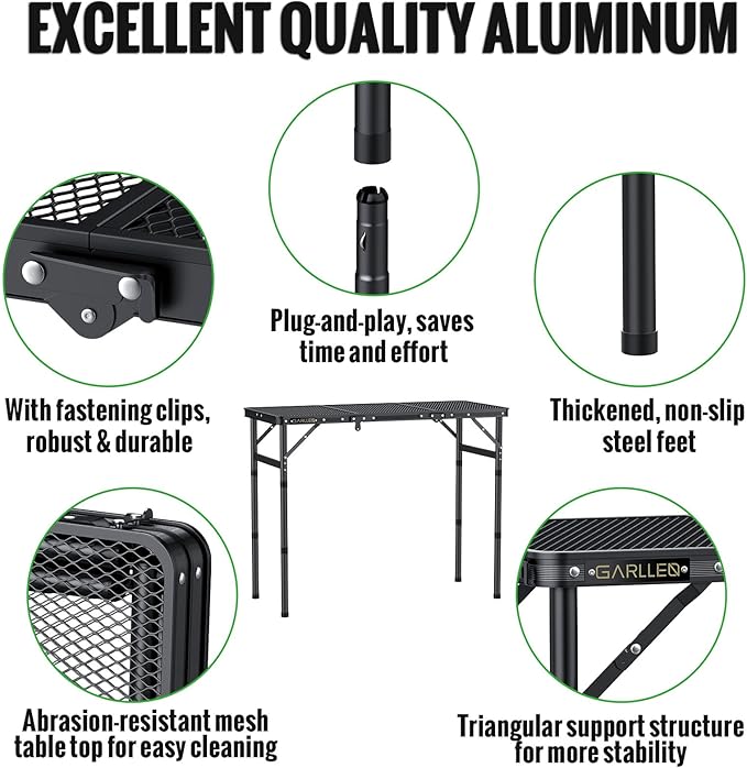 GARLLEN Folding Grill Table Max Capacity 66lbs, 3 Adjustable Height Portable Folding Camping Table with Heat-Resistant Mesh Tabletop, Aluminum Picnic Table for Outdoor, BBQ, Camping, 34.2"L x 15.7"W
