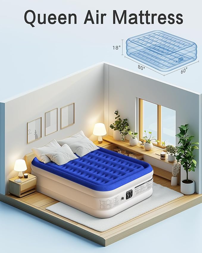 Queen Air Mattress with Built in Pump 18"Raised Inflatable Mattress Queen Airbed Blow Up Mattress Luxurious Comfort for Home and Guests 80"*60"*18"Air Bed 3 Mins Fast Inflate/Deflate 660lbs Max