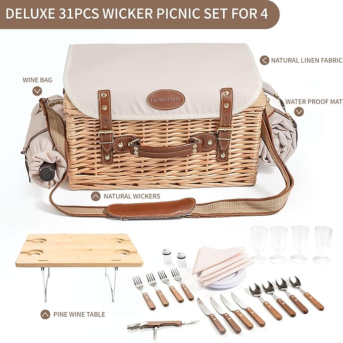 Multifunctional Wicker Picnic Basket Set for 4 Blanket Family Folding Wine Table,Insulated Portable Extra Big Storage Capacity Natural Woven Rattan Canasta De Full Tablewares Camping Outdoor Flowers