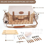 Multifunctional Wicker Picnic Basket Set for 4 Blanket Family Folding Wine Table,Insulated Portable Extra Big Storage Capacity Natural Woven Rattan Canasta De Full Tablewares Camping Outdoor Flowers