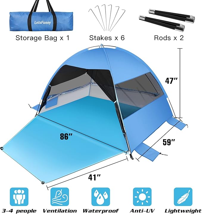 Large 3-4 Person Beach Tent - UPF 50+ Anti-UV, Easy Setup with Extended Floor & Mesh Windows, Portable for Camping Fishing (Blue)