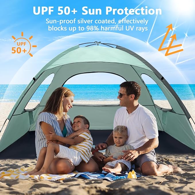 NXONE Beach Tent Sun Shelter with UPF 50+ UV Protection, Lightweight Easy Setup Portable Beach Canopy for Family, Large Space for Beach, Camping & Outdoor, 3/4/6 Person