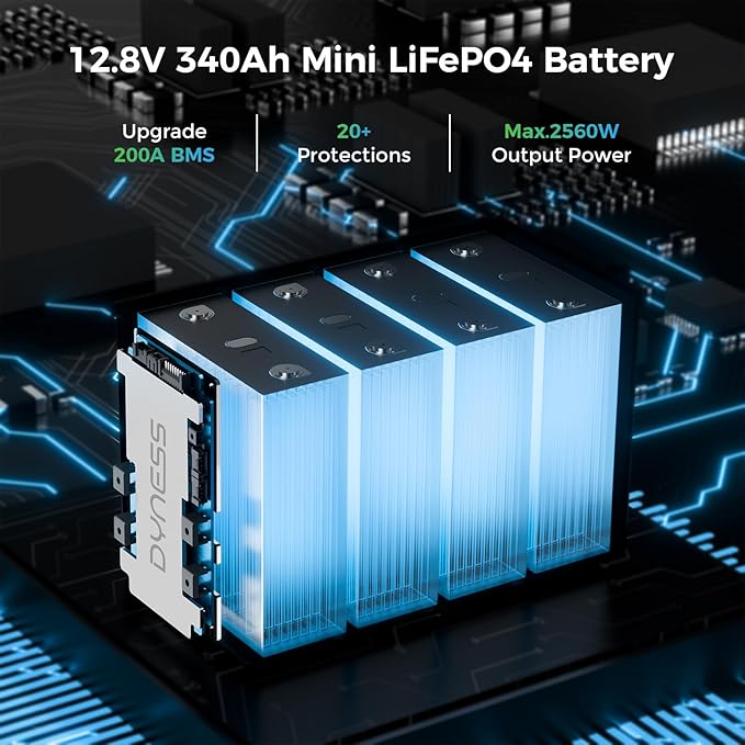 12V 340Ah Mini LiFePO4 Lithium Battery, Max. 4352Wh, Built-in 200A BMS with Low-Temp Protection, 10 Years Lifetime, 12.8 Volt Deep Cycles Battery for Rv Camping, Home Solar System, Off-Grid