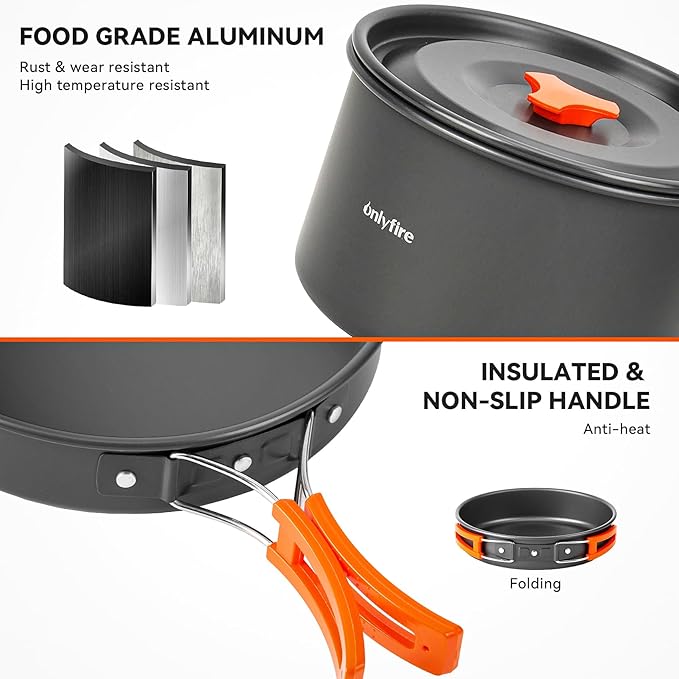 ONLYFIRE OUTDOOR LIVING14pcs Camping Cookware Set, Lightweight Nonstick Pots, Pan, Kettle, Utensils, Bowls, and Cleaning Tool with Mesh Bag for Camping Hiking Backpacking RV Tailgating Cooking, CT604