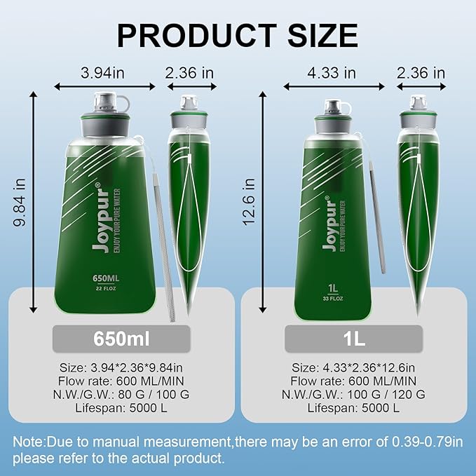 Collapsible Squeeze Water Filter Bottle - 1000ml with Filter with NSF/FDA Certification Befree or Peak Series replacement for Hiking,Running,Camping,Travel,Cycling,Fishing,BPA-Free(Green)