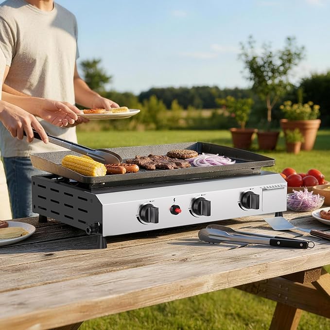 3 Burner BBQ Flat Top Grill, 25.6 Inch Stainless Steel Portable Detachable Gas Griddle, 30,000 BTU Propane Griddle for Camping