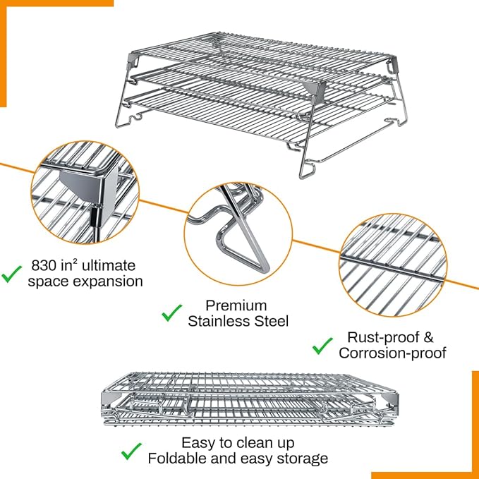 Jerky Racks for Barrel Style Pellet Grills, 21"W×17.2"L, 3 Tiered Foldable Sliding 830 in² Cooking Space Expansion Grate Accessory for Pit Boss, Traeger, Z Grill, Green Mountain and More Smoker Grills
