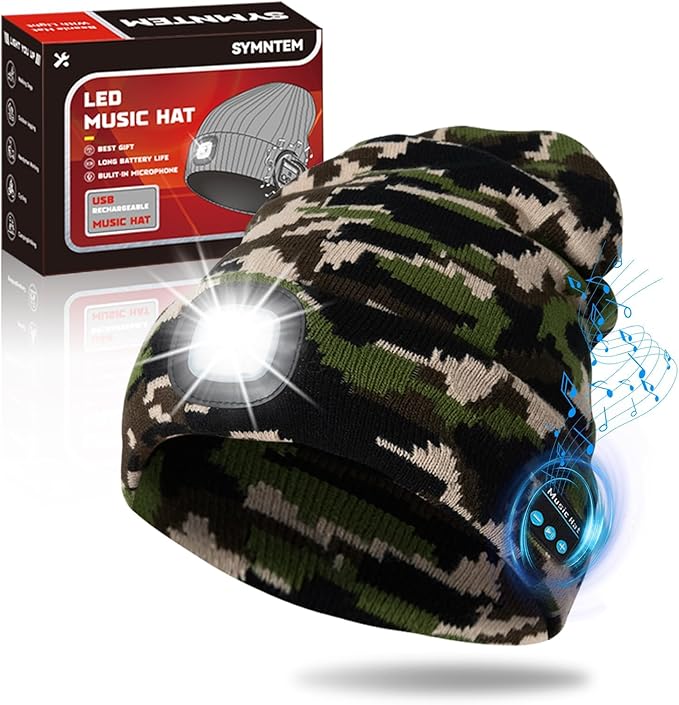 Gifts for Men, Rechargeable Bluetooth Music Unisex Beanie Hat with Light, Valentines Day Gifts for Him, Birthday Gifts for Men, Women, Camouflage